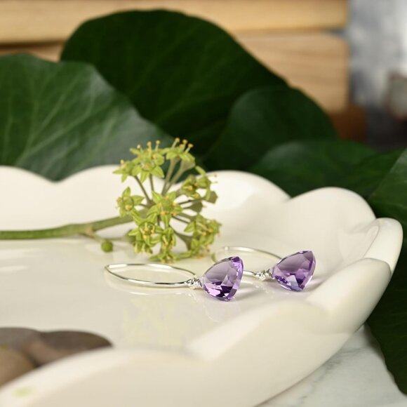 Women's Purple Amethyst Trillion Quartz Sterling Silver Dangle Earrings - Picture 2 of 9